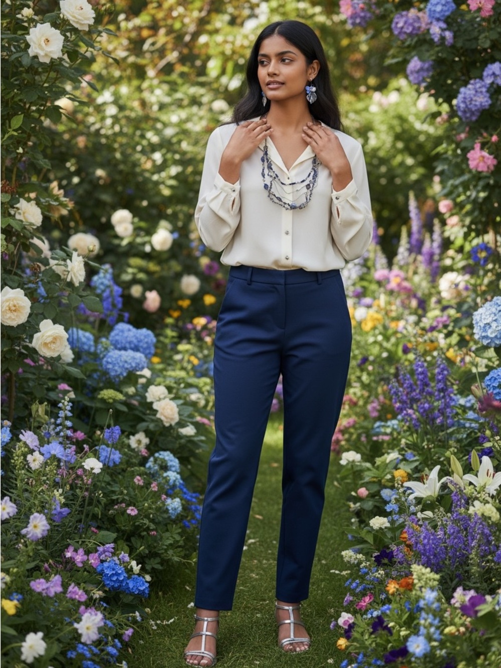 Multi-Strand Blue Beaded Necklace Set with Earrings and Bracelets